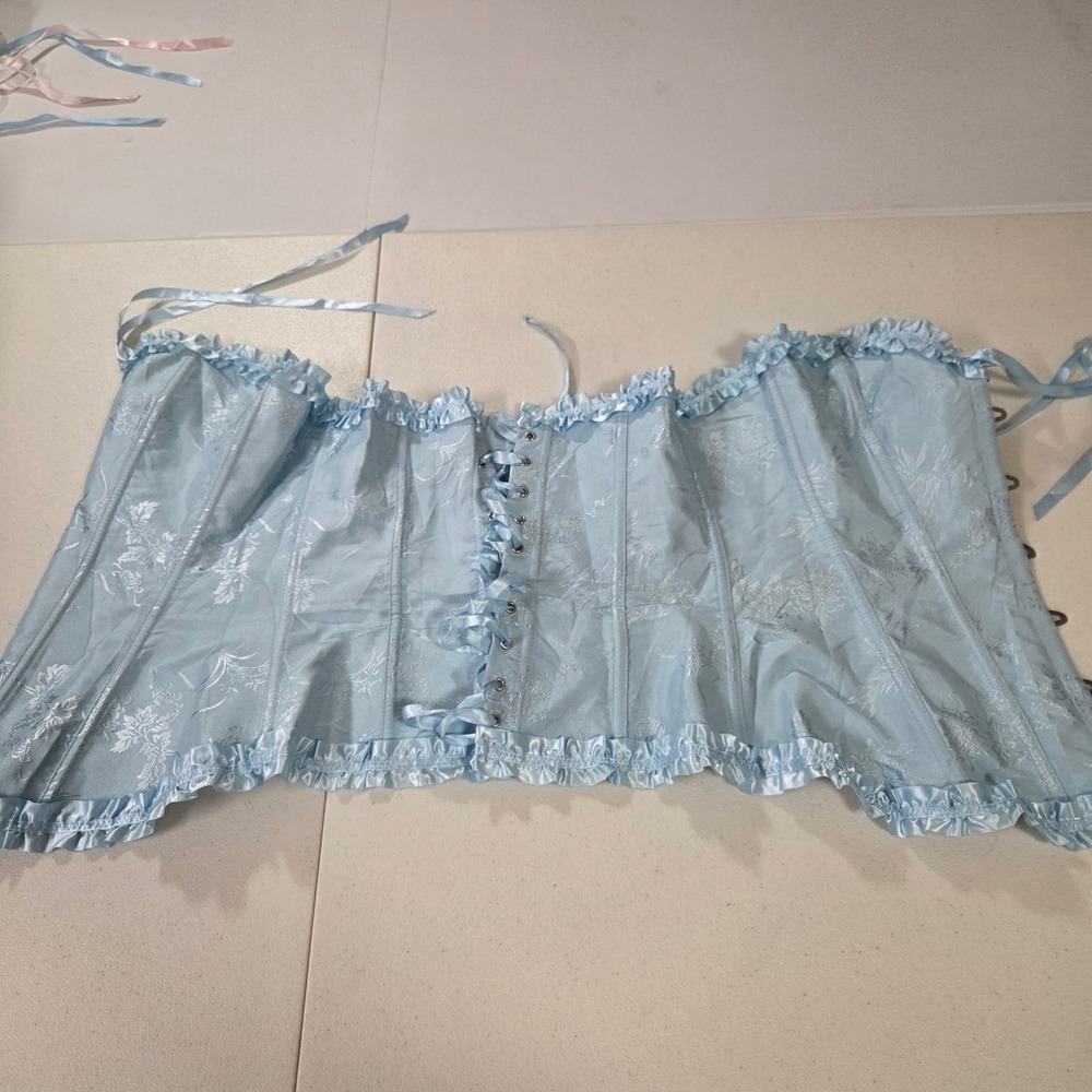 Light Blue Floral Brocade Corset Top XL Ruffle Trim Lace Up Bustier